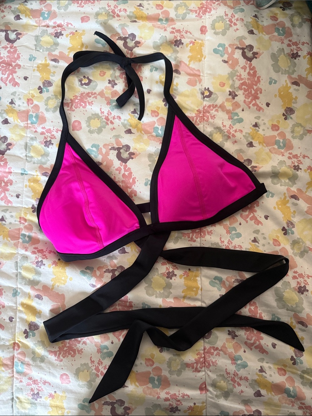 PINK Victoria's Secret Hot Pink Triangle Bikini Top with Black Trim and Ties (L)
